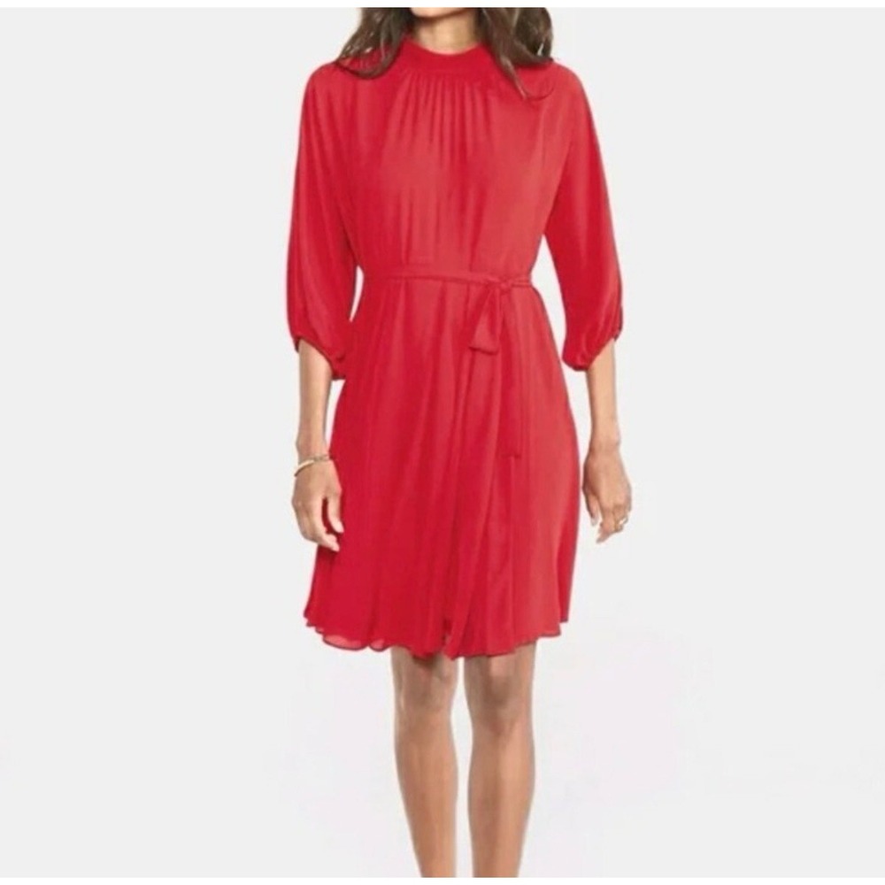 Ann Taylor Red Mock‎ Neck Gathered Waist Midi Dress Size L Party Swing No Belt